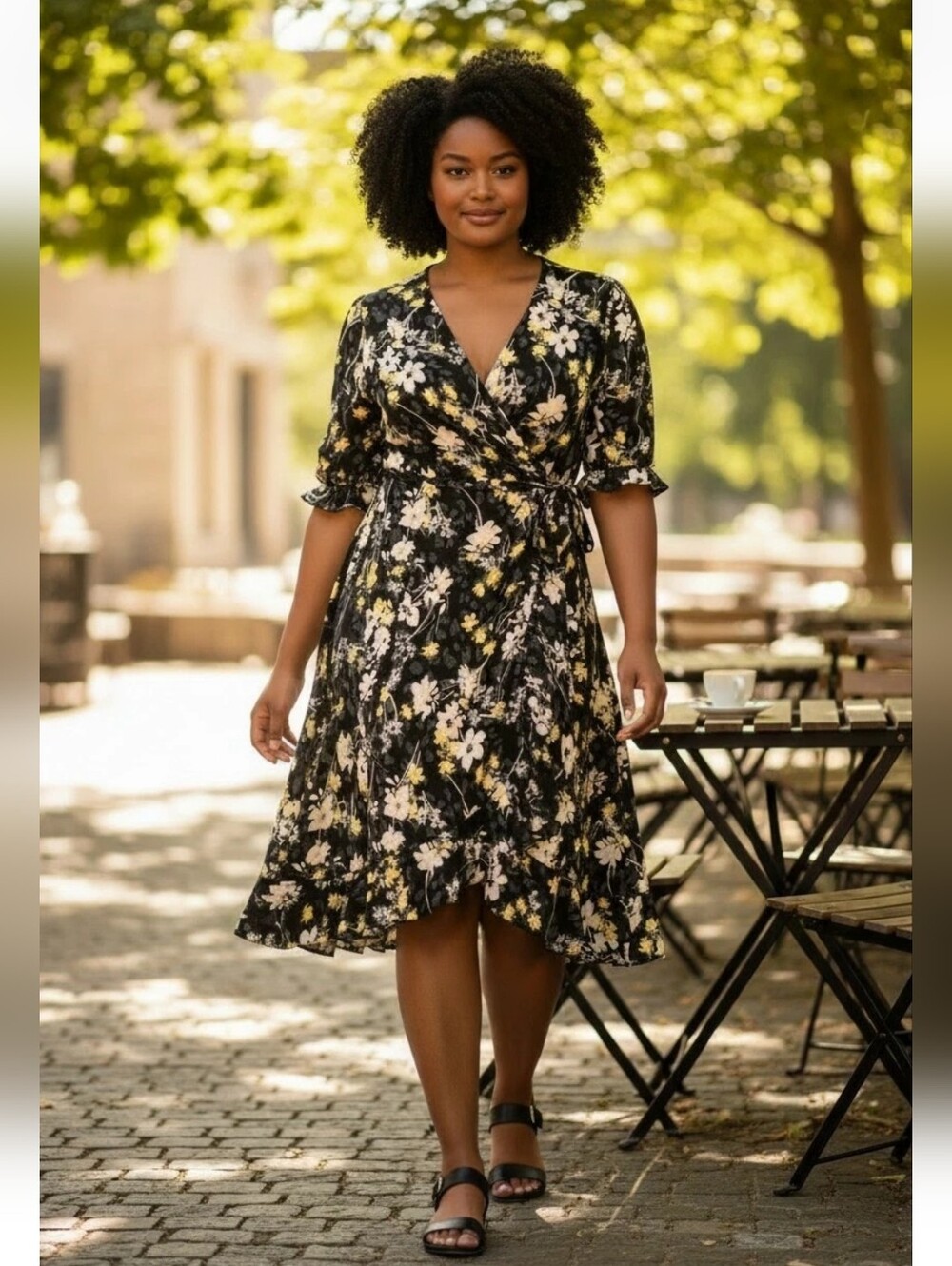 C EST 1946 Womens 28/28W  Floral Print Faux Wrap Dress Ruffle Hem Midi Length